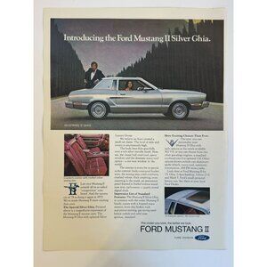 Vintage 1974 Ford Mustang Silver Ghia Car Advertisement Print